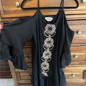 Vava by Joy Han Black Cold Shoulder Blouse with Floral Embroidery